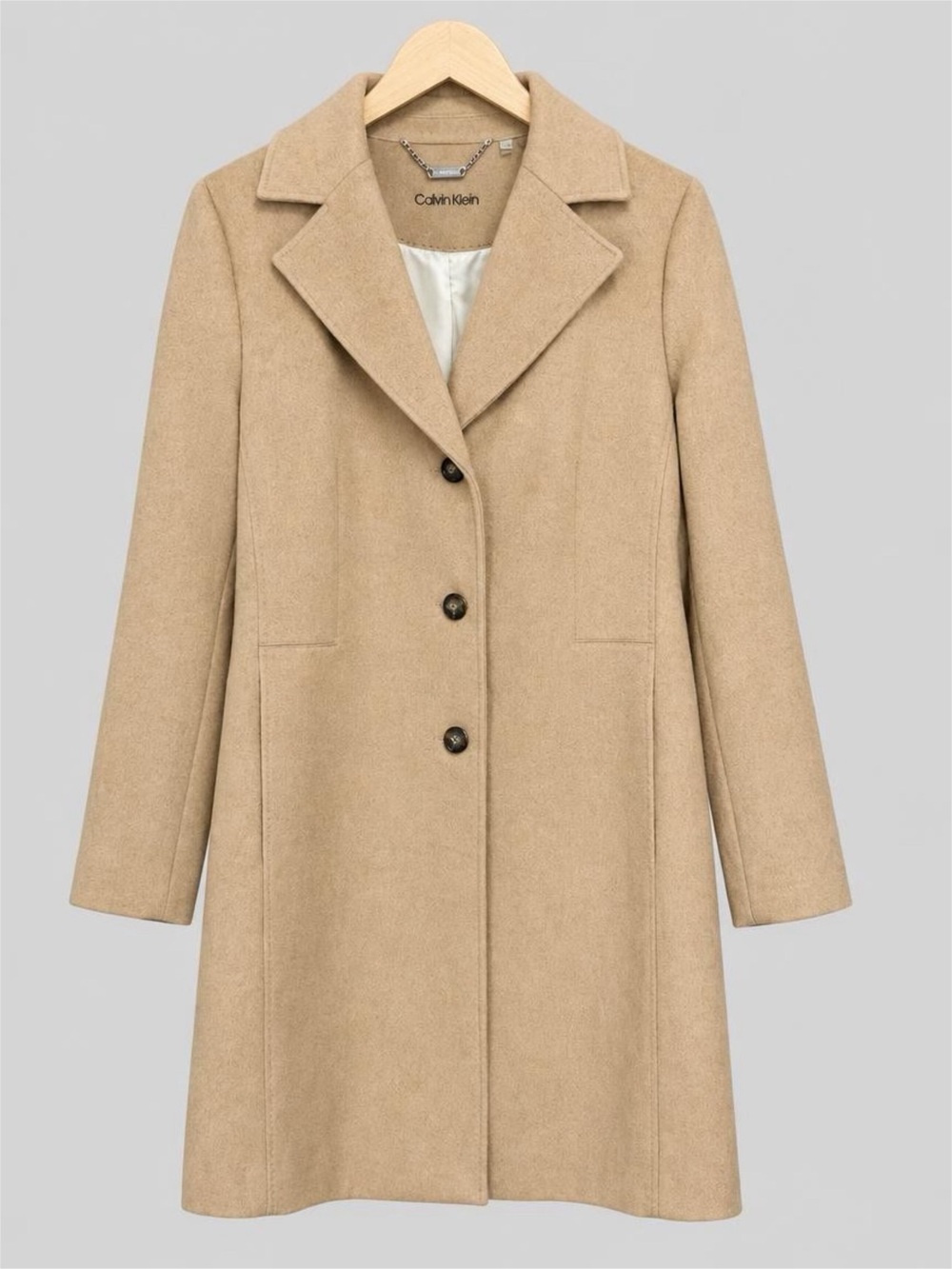 NWT Calvin Klein Camel Wool Blend Long Single Breasted Coat Size 12